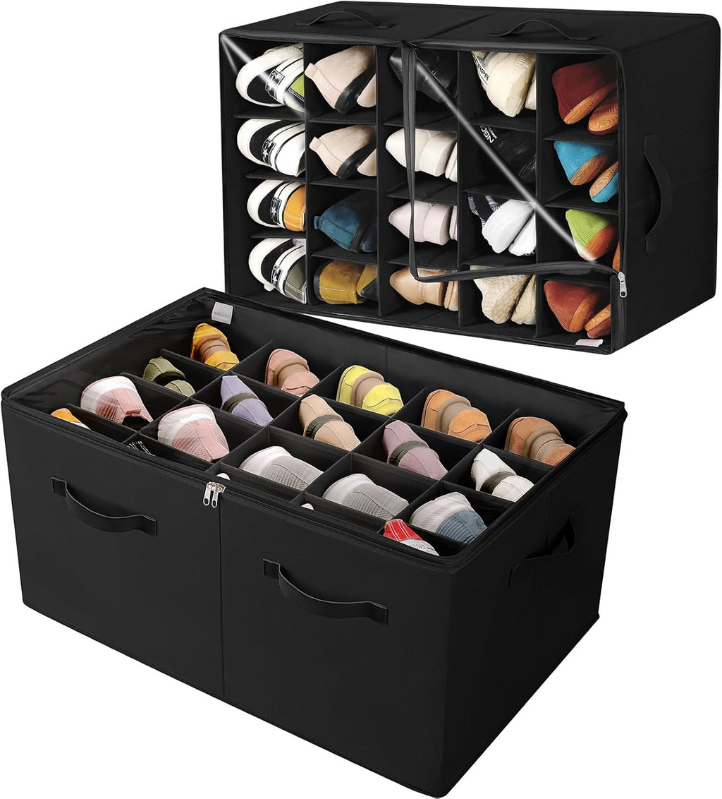 Shoe Organizer for Closet 2 Pack, Foldable Shoe Box with Adjustable Divider and Clear Cover, Space Saving Shoe Storage Organizer Cabinet with Reinforced Handles, Fits 40 Pair, Black, TP11B