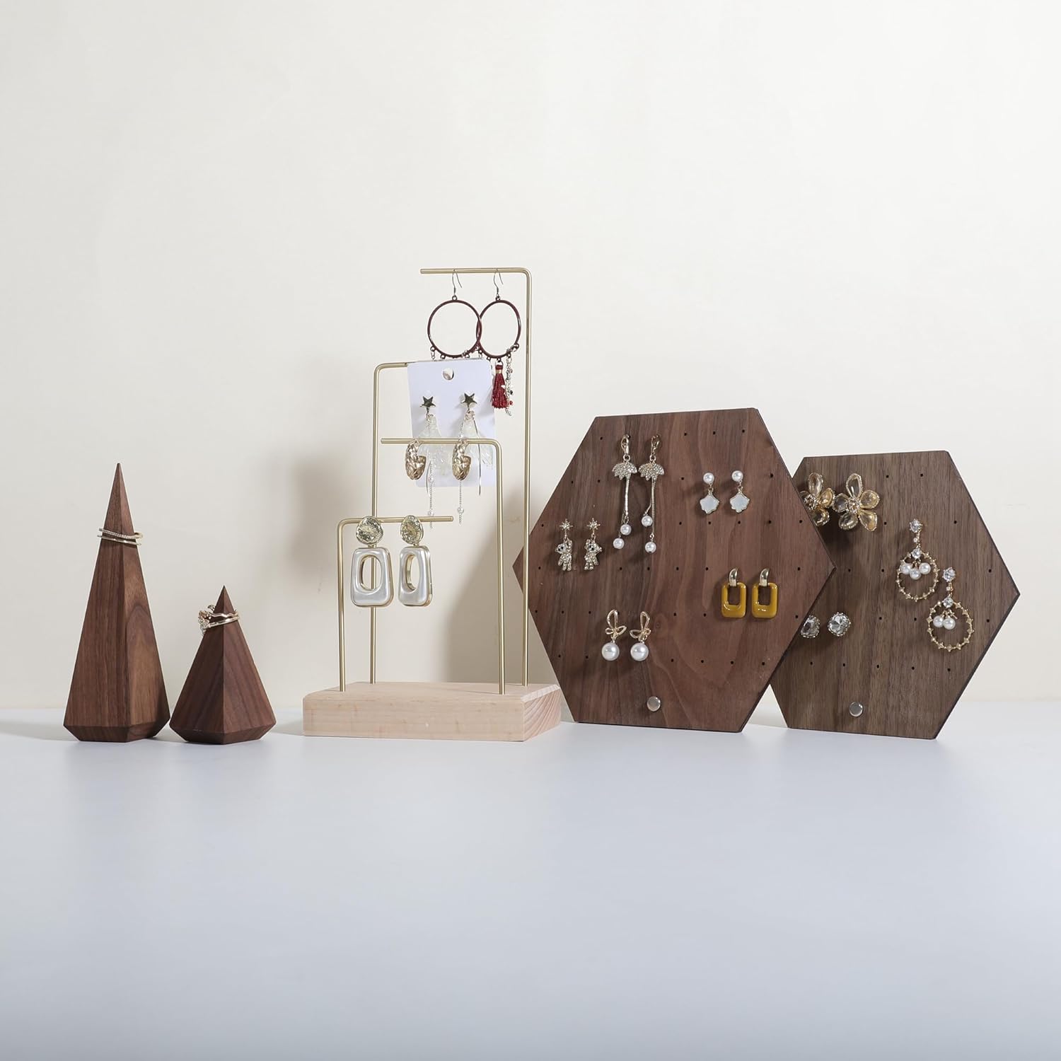 GemeShou Hexagonal Earring Organizer stand, Walnut Plywood Jewelry Display Board for Hanging earring studs, Perfect for Storing and Showcasing Your Jewelry Collection【Set of Two Size】