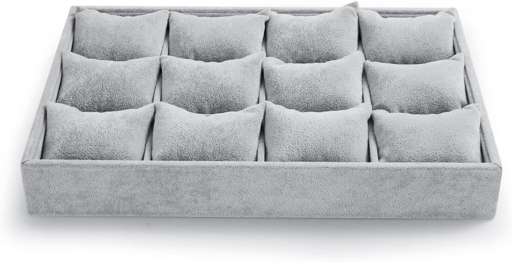 12 Grids Velvet Watch Tray Watch Holder Organizer Storage Tray For Men Women (Gray)