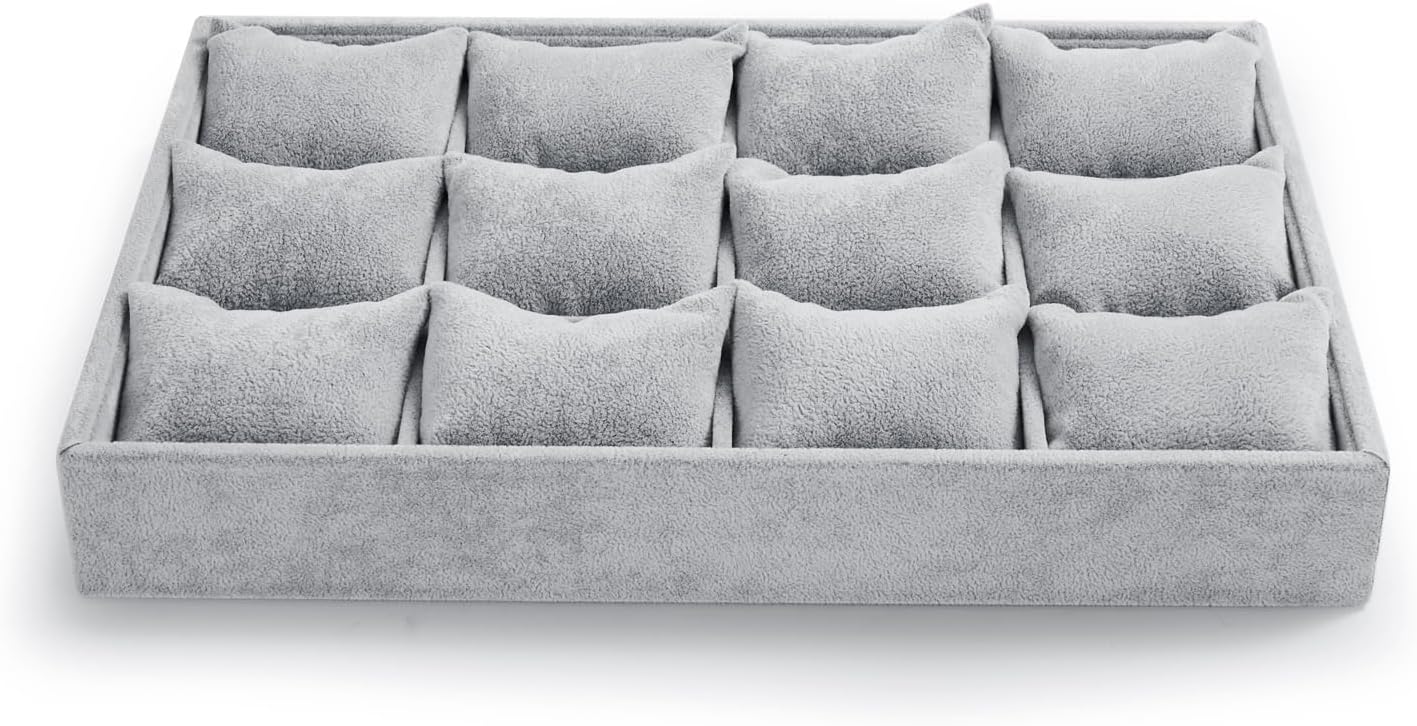 12 Grids Velvet Watch Tray Watch Holder Organizer Storage Tray For Men Women (Gray)