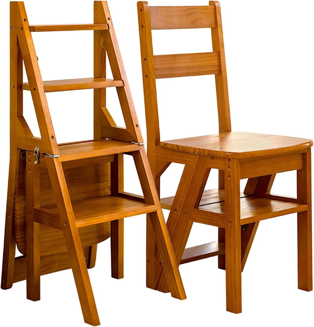 4 Tier Folding Step Ladder, 3-in-1 Wooden Folding Ladder Chair, Portable Mult...