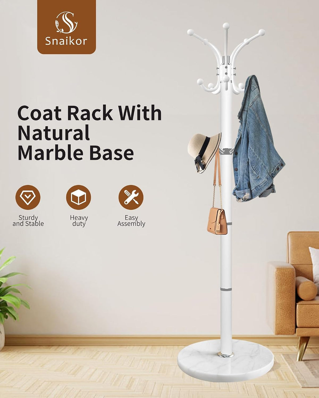Snaikor Metal Coat Rack Stand with Natural Marble Base, Modern Coat Rack Freestanding, 360°Rotary Coat Racks with 14 Hooks, Heavy Duty Coat Hall Tree Hanger Stand for Entryway, Office