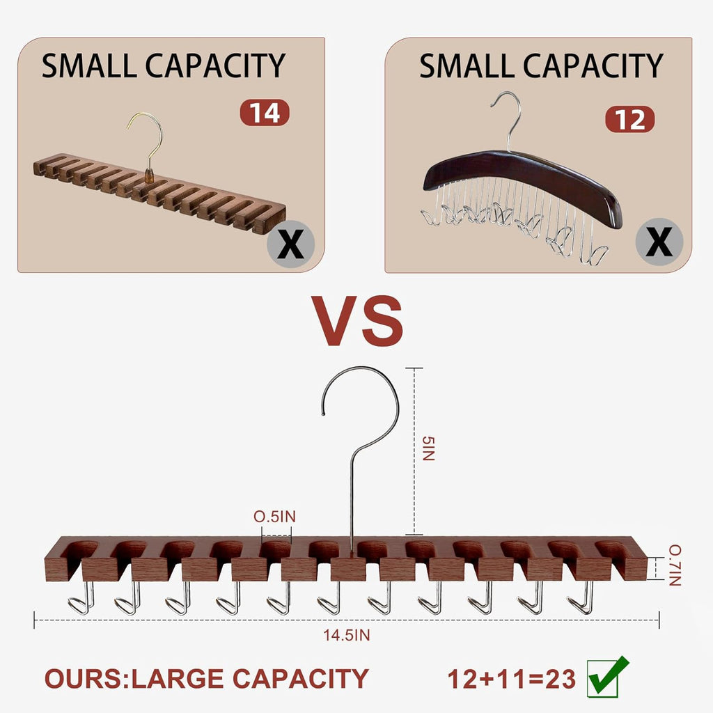 Belt Hanger for Closet Max 42 Belts, 2-in-1 Wall Mount Belt Organizer with 360° Rotating Hooks, Wooden Tie and Belt Rack for Closet Accessories Organizers and Storage, Walnut Wood