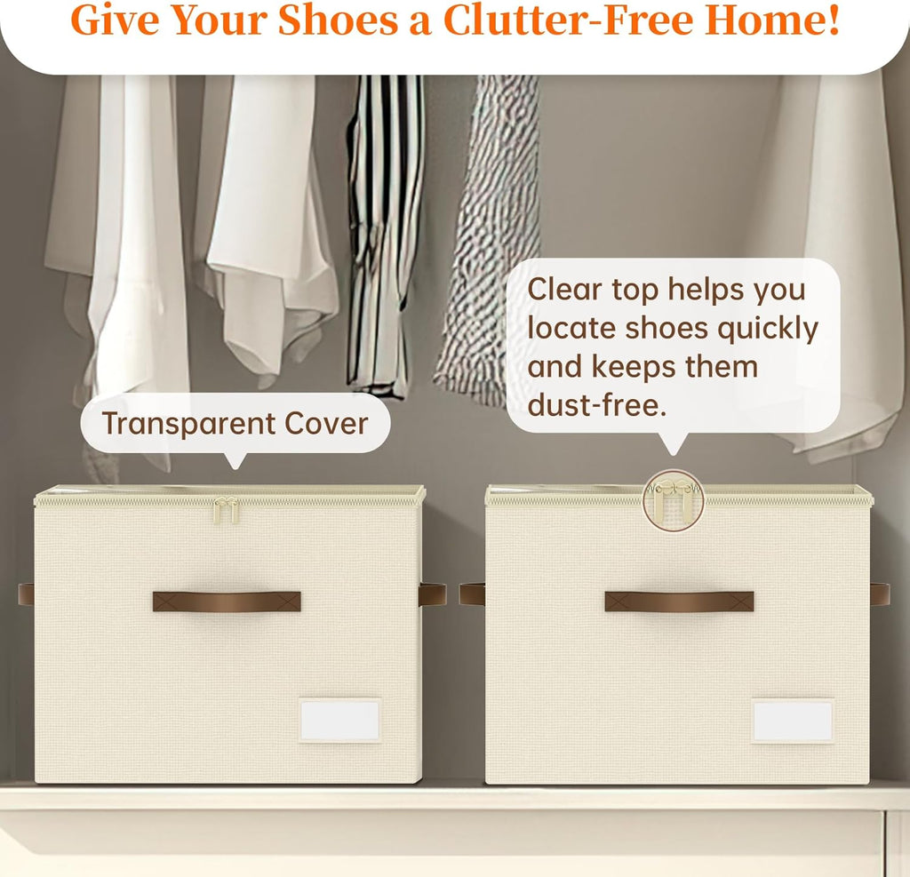 Shoe Organizer for Closet, Foldable Shoe Storage Containers, Fits up to 16 Pairs, Large Shoe Storage Organizer Box Cubby Baskets Bins with Clear Cover and Reinforced Handles, Beige