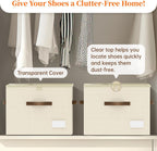 Shoe Organizer for Closet, Foldable Shoe Storage Containers, Fits up to 16 Pairs, Large Shoe Storage Organizer Box Cubby Baskets Bins with Clear Cover and Reinforced Handles, Beige