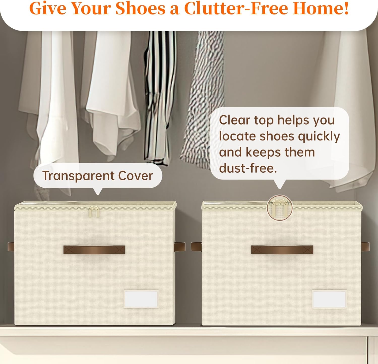 Shoe Organizer for Closet, 2 Pack Shoe Organizer with Clear Cover, Closet Shoe Storage Containers w/Adjustable Dividers, Foldable Storage Bins for Shoes, Fits 16-32 Pairs, Beige