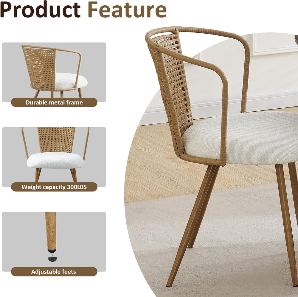 Rattan Dining Chairs,Upholstered Boucle Cushion with PE Cane Wing Back Kitche...