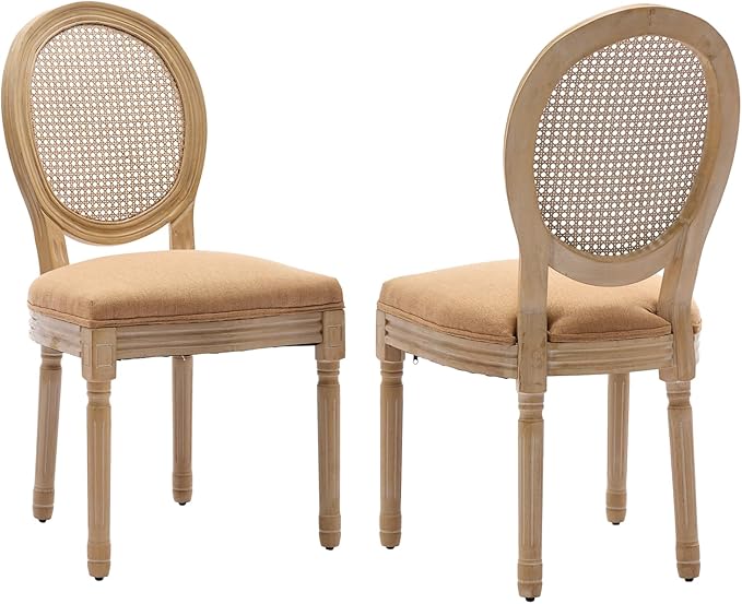 French Country Dining Chairs Set of 2,Farmhouse Upholstered Dining Room Chairs with Round Back and Solid Leg,Rattan Kitchen Chairs for Kitchen/Bedroom/Dining Room,Tan
