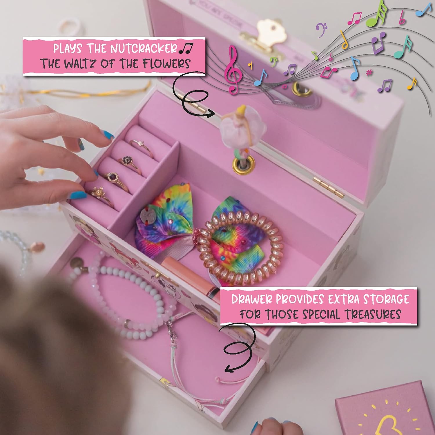 Ballerina Musical Jewelry Box for Girls - Glow In The Dark - Organizer with Heart Necklace and Bracelet Set - Cute Ballerina Music Box for Little Girls