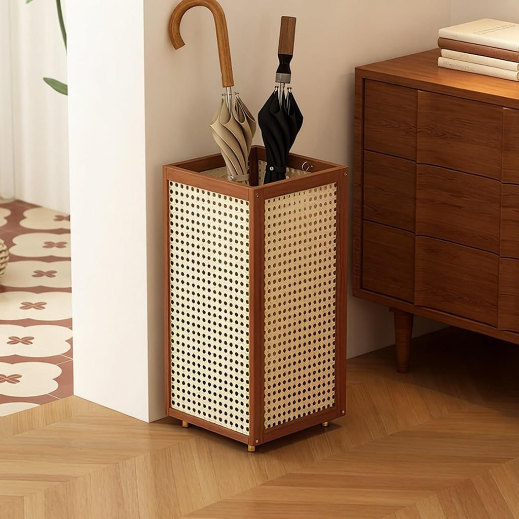 Large Capacity Bamboo and rattan weaving Umbrella Holder Commercial Umbrella Stand Racks with Removable Drip Tray for Home Corridor Entrance(Brown)