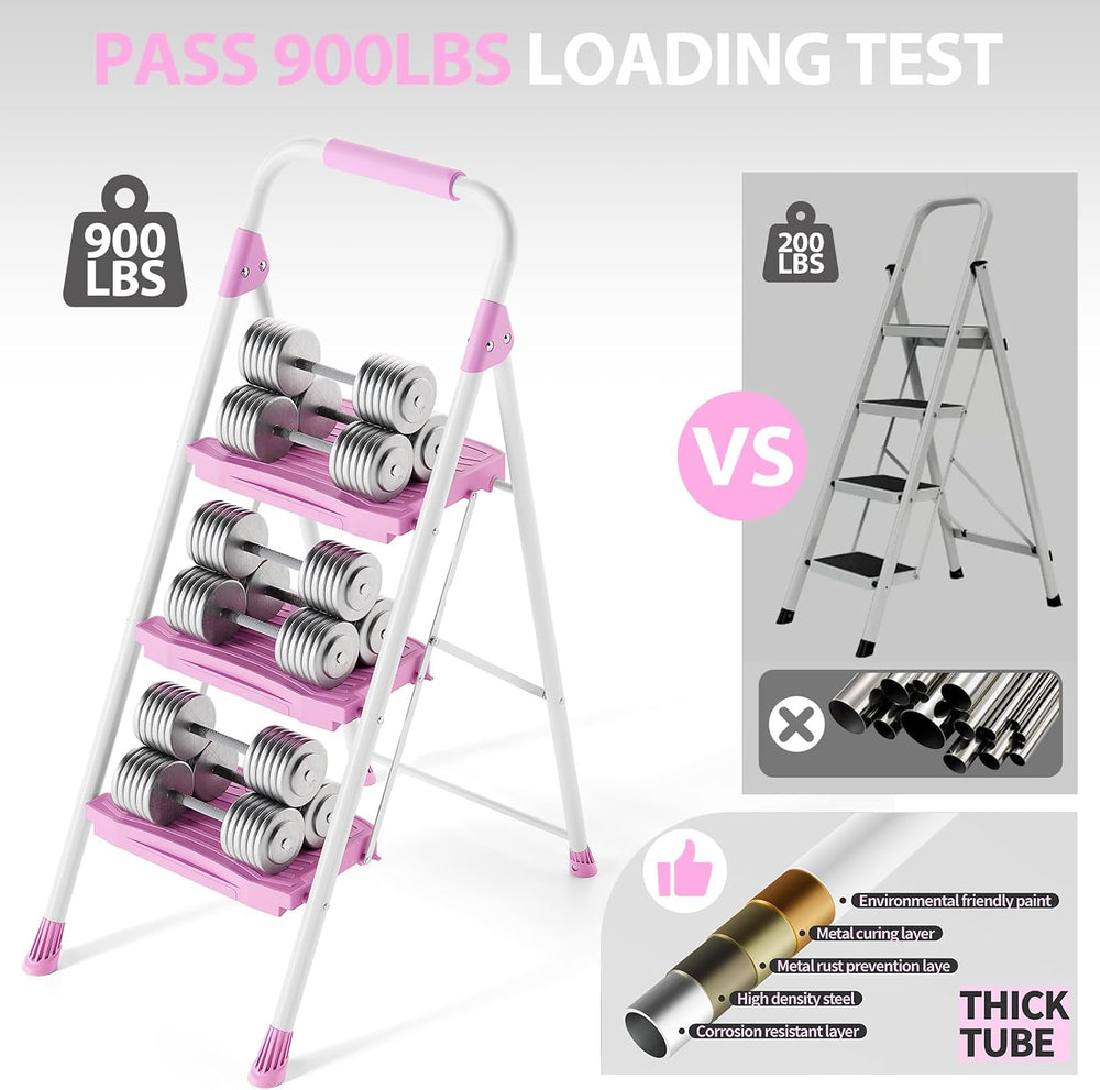 KINGRACK 3 Step Ladder, Sturdy Step Stool with Handrail, Anti-Slip Wide Pedal...