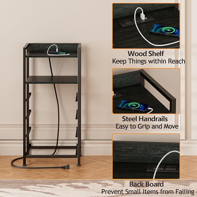 Furnulem Night Stand with Charging Station, Black Nightstand with Drawers and...