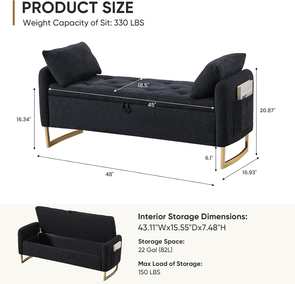 48" End of Bed Bench, Modern Storage Benches with Button-Tufted, Chenille Upholstered Storage Ottoman Bench for Foot of Bed with Arms, Gold Legs Window and Entryway, Black
