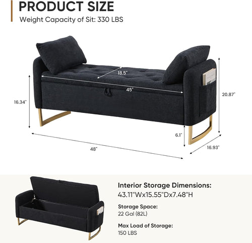 48" End of Bed Bench, Modern Storage Benches with Button-Tufted, Chenille Upholstered Storage Ottoman Bench for Foot of Bed with Arms, Gold Legs Window and Entryway, Black