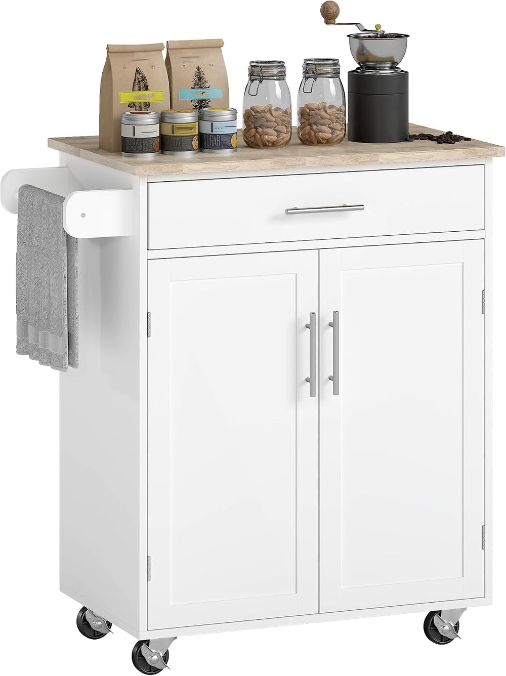 HOMCOM Kitchen Island Cart with Solid Wood Top, Storage Cabinet, White