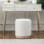 Round Storage Ottoman for Living Room, Small Velvet Vanity Stool with Light-Wood Base, White