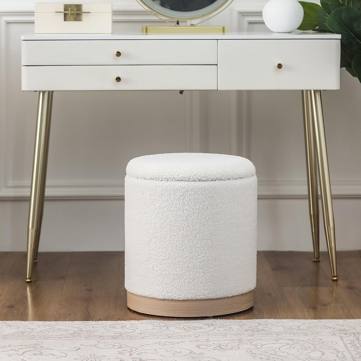 Round Storage Ottoman for Living Room, Small Velvet Vanity Stool with Light-Wood Base, White