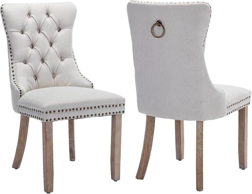 Linen Dining Chairs Set of 2, Tufted Upholstered High Wingback Chairs with Na...