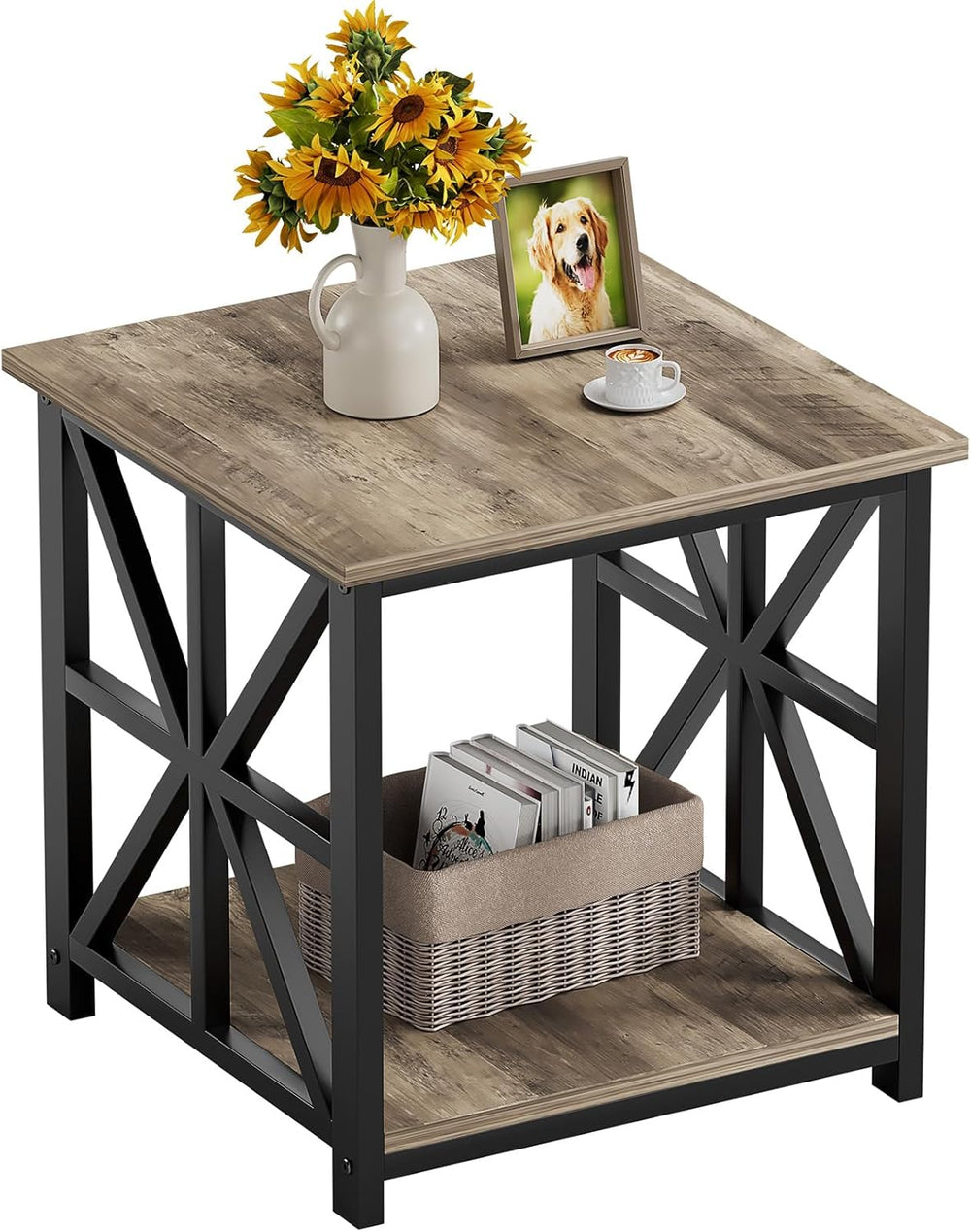 GreenForest End Table with 2-Tier Storage Shelf, 19.7 inch Side Table for Liv...