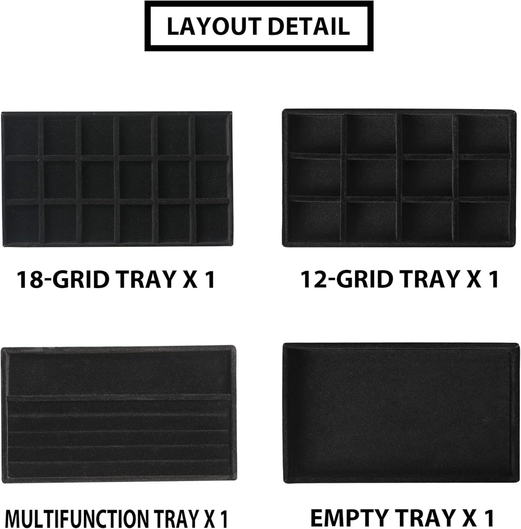Frebeauty Jewelry Organizer Tray,Stackable Velvet Jewelry Trays,Drawer Inserts Earring Organizer For Women Jewelry Storage Display Case for Rings Stud Necklaces,Set of 4(Black)