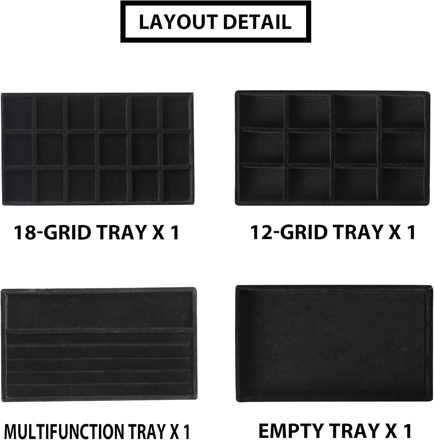 Frebeauty Jewelry Organizer Tray,Stackable Velvet Jewelry Trays,Drawer Inserts Earring Organizer For Women Jewelry Storage Display Case for Rings Stud Necklaces,Set of 4(Black)