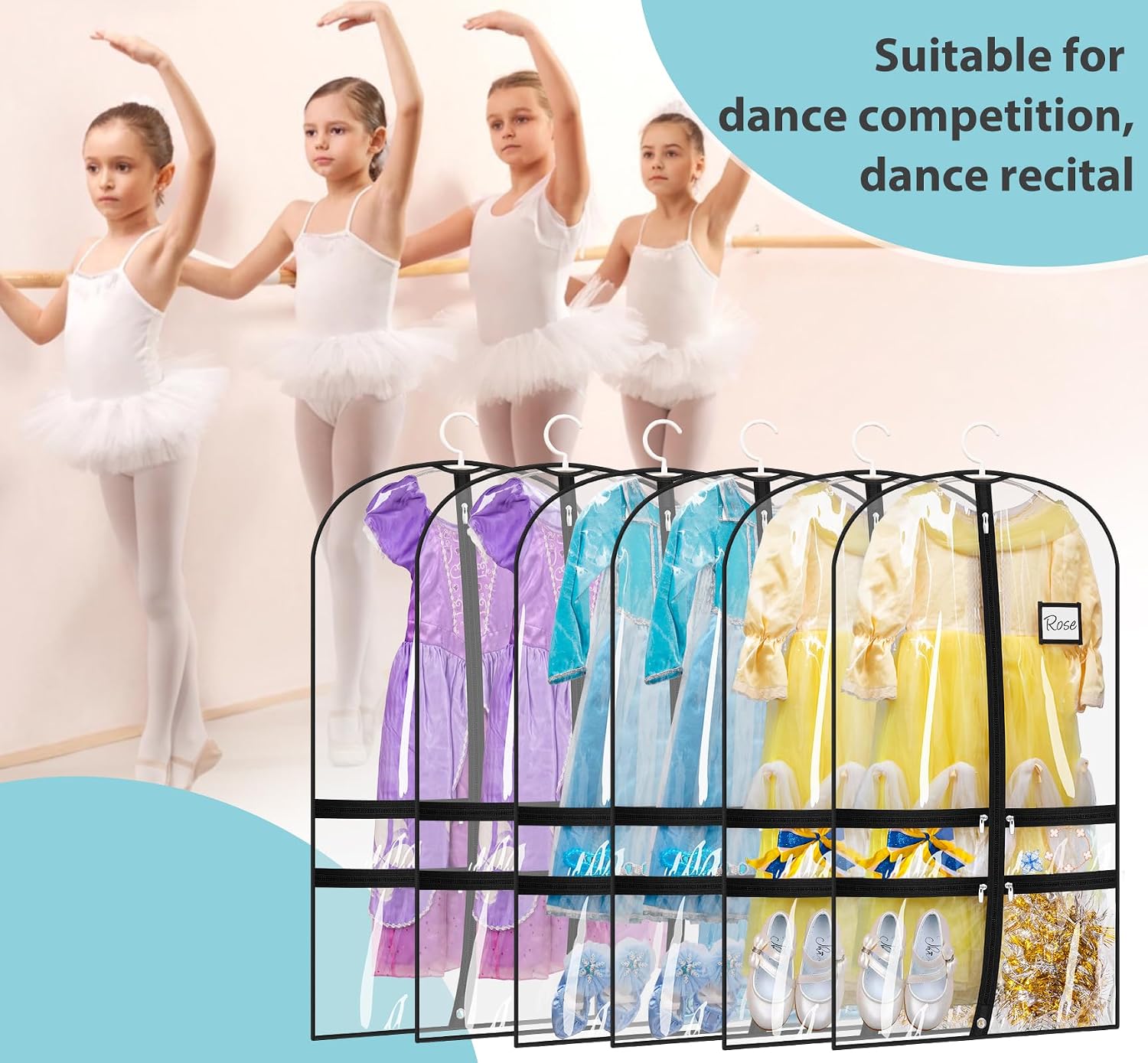 SLEEPING LAMB 6 Packs Clear Dance Garment Bags for Dancers with 4 Pockets, 40" Kids Dance Costume Garment Bag for Travel and Dance Competition, Hanging Clothes Storage for Dress, Uniform, Black