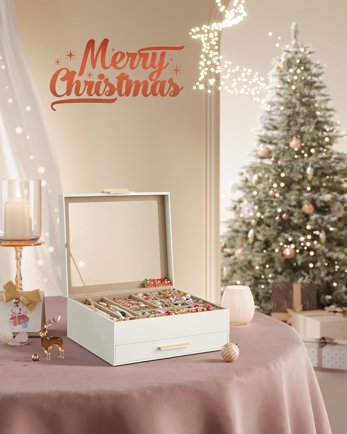 SONGMICS Jewelry Box Organizer with Glass Lid, 2-Layer Jewelry Storage, with 1 Drawer, Modern Style,Christmas Gift, 8 x 9.1 x 4.1 Inches, Cloud White and Gold Color UJBC174W01