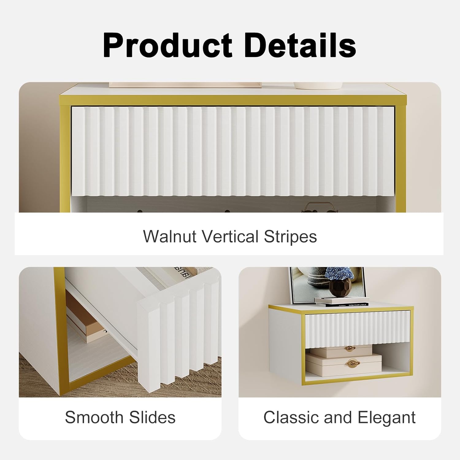4ever2buy Floating Nightstand with Fluted Drawer, Modern Wall Mounted Nightstand with Open Shelf, White and Gold Night Stand for Bedroom, White