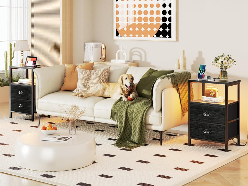 Furologee Nightstands Set of 2, End Tables with Charging Station and LED Ligh...