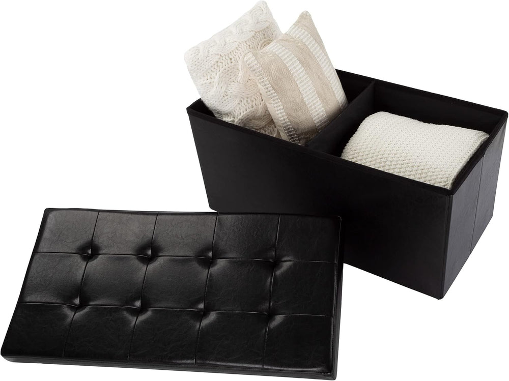 Lavish Home Storage Ottoman - 30-Inch Folding Faux Leather Footrest, Linen Ch...