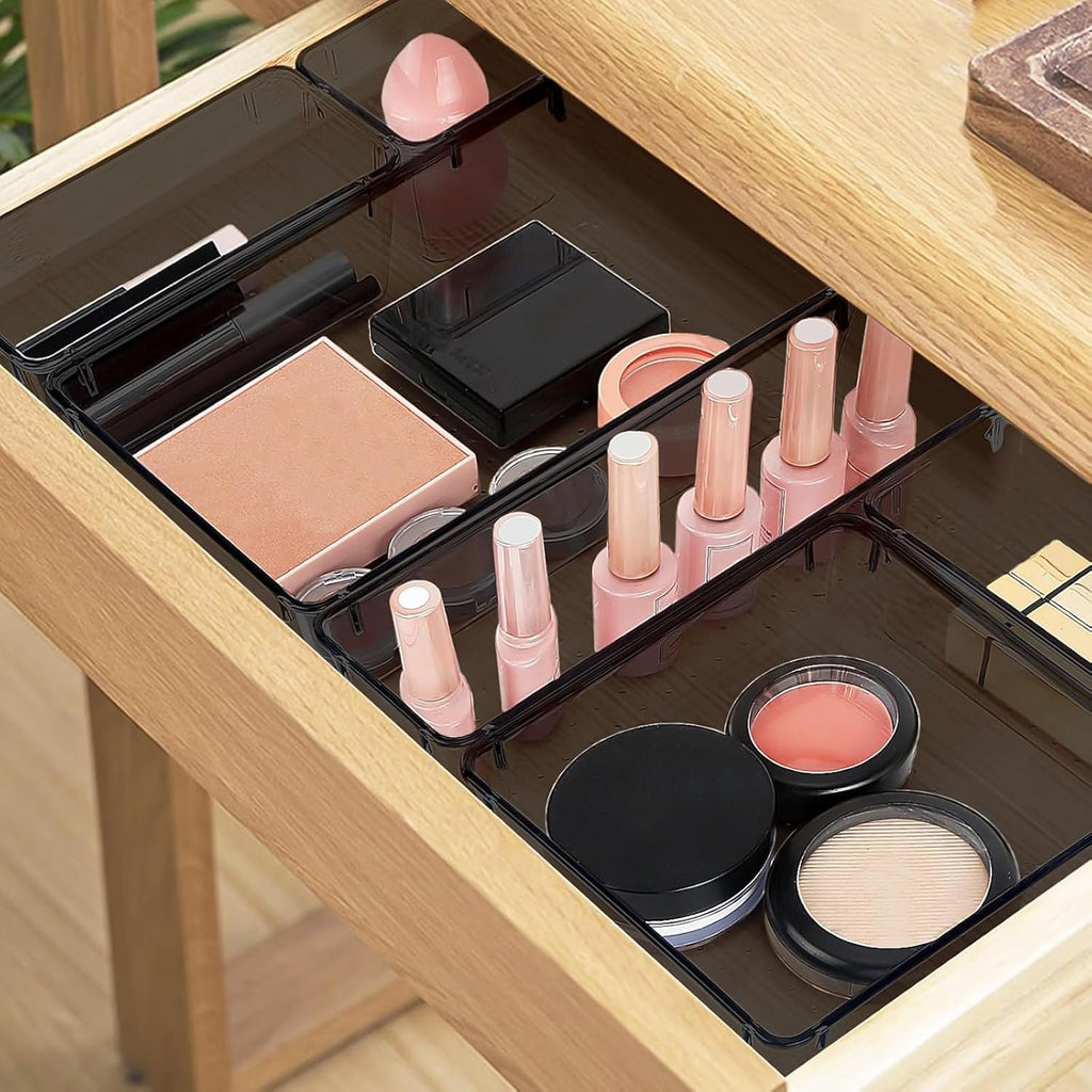 13 PCS Drawer Organizer Set, 5 Varied Size Bathroom and kitchen Drawer cabinet organizer Trays, Clear Storage Bins for Makeup, Jewelry, Utensils and Gadgets, Black