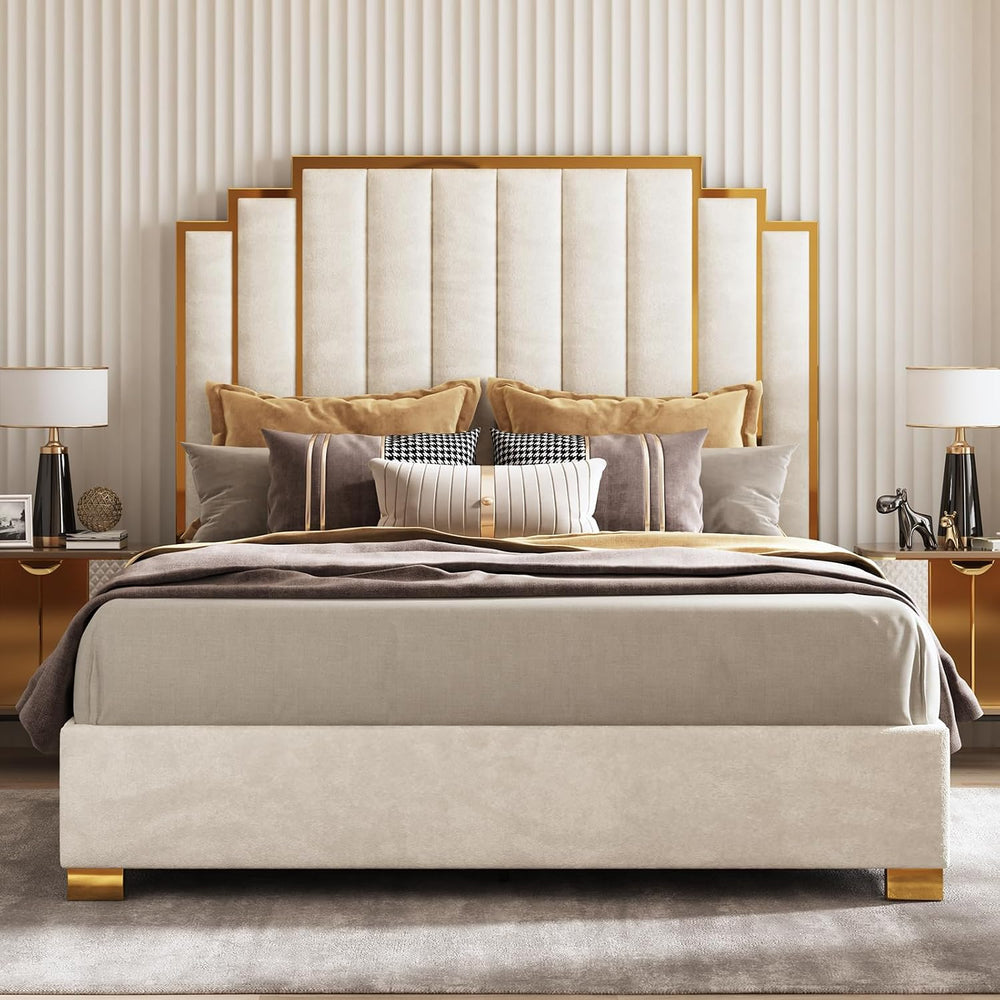 AMERLIFE California King Upholstered Bed with Gold Trim Headboard, Cream