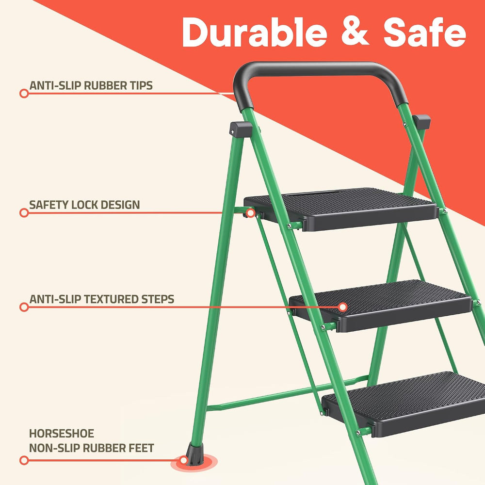 Green 3 Step Stool Foldable – Heavy-Duty Foldable Step Stool for Adults, 500 ...