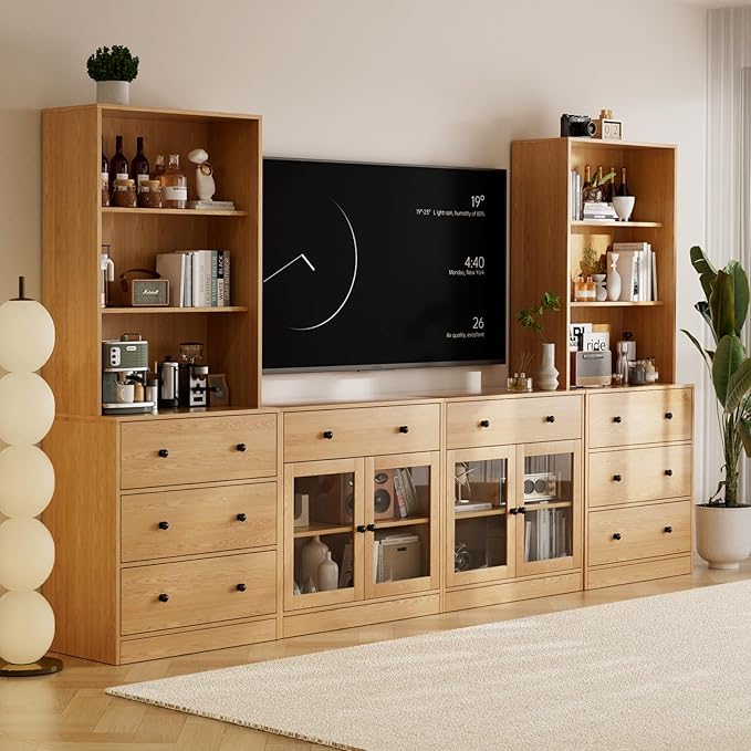TUSY 71" Large TV Stand Set - TV Entertainment Center for TVs up to 65", Media Center with Tempered Glass Doors and Drawer, TV Hutch with Bookshelves for Living Room (Wood, BFFB)