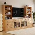 TUSY 71" Large TV Stand Set - TV Entertainment Center for TVs up to 65", Media Center with Tempered Glass Doors and Drawer, TV Hutch with Bookshelves for Living Room (Wood, BFFB)