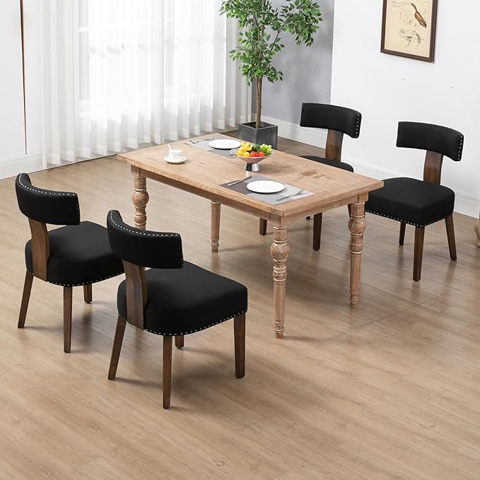 Upholstered Wooden Farmhouse Dining Chairs Set of 2, Mid-Century Modern Fabri...