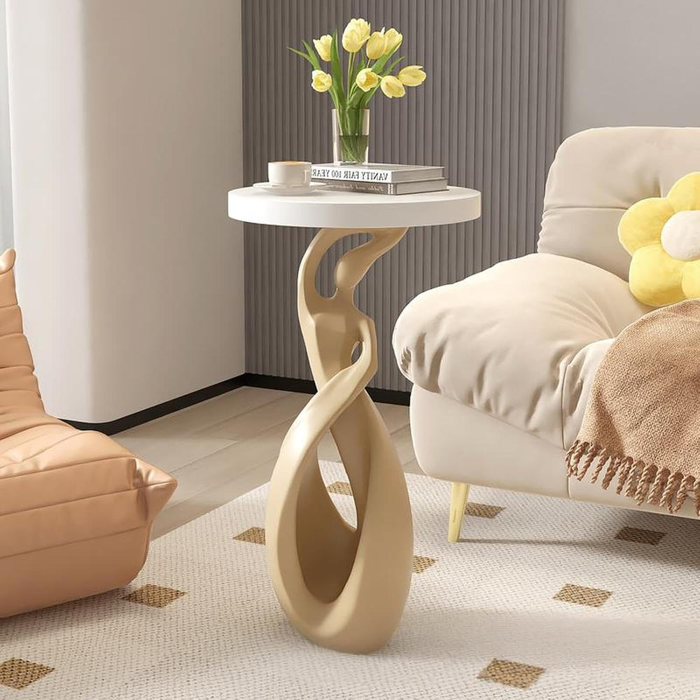Resin Round End Table with Wood Top, Abstract Sculpture Side Table Modern Art...
