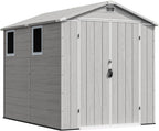 Devoko 6x8 FT Plastic Storage Shed, Outdoor Resin Garden Shed with Floor, Waterproof Tool Storage Shed with Lockable Door and Window for Patio, Garden, Backyard, Light Gray