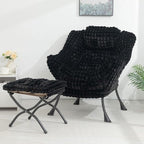 HollyHOME Fabric Lazy Chair with Foldable Ottoman, Accent Comfy Lounge Arm Chair and Folding Footrest Stool Set, Leisure Sofa Reading Chair and Footstool for Living Room, Bedroom, Dorm, Faux-Fur Black