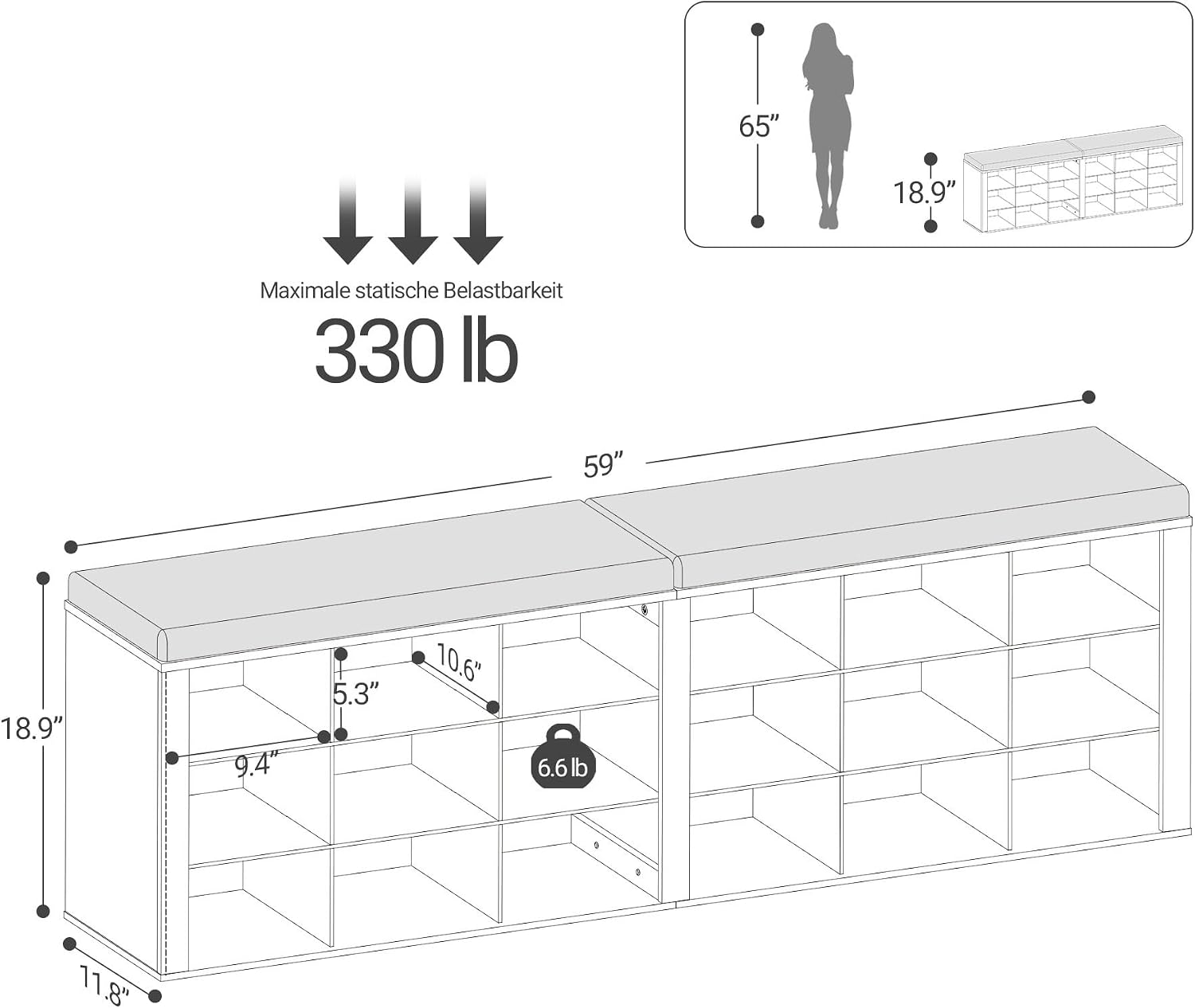 Hzuaneri Shoe Storage Bench with Cushion, Entryway Storage Bench with 18 Cubbies, 9.5" Widened Organizer Cabinet, Long Cubby Rack for Living Room, Bedroom, Entryway, Black SB25704GY | 9.5" Widened Organizer Cabinet, large Cubby Shoe Rack for Living Room