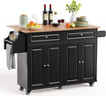 Kitchen Island with Storage, Kitchen Cart on 5 Universal Wheels, Mobile Kitchen Island with Rubber Wood Top and Side Rack (Black)