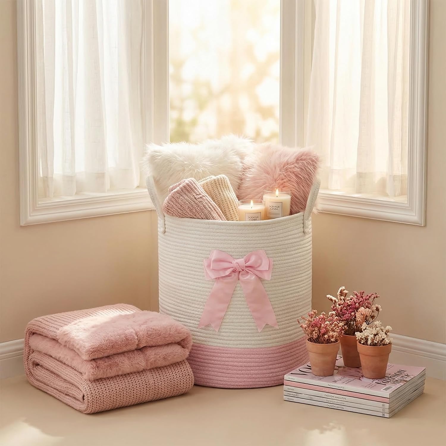 Pink Laundry Hamper with Bow, Tall Storage Basket for Nursery | Woven Cotton Rope Blanket and Toy Basket, 15x17.7in, Living Room Nursery & Bedroom, Clothes Storage Pink Bow
