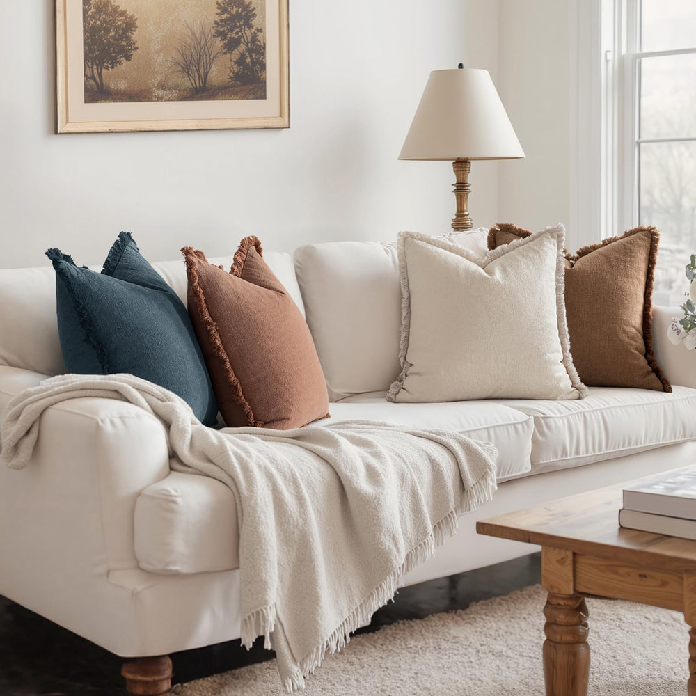 MIULEE Fall Linen Fringe Pillow Covers Set of 4 18x18 Beige/Brown/Blue