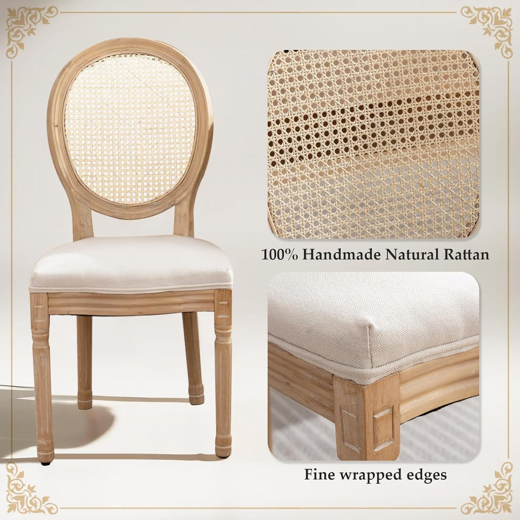 SoarFlash French Dining Chairs Set of 2, Vantage Dining Chair with Round Back, Wood Leg Farmhouse Country Rattan Dining Chair for Kitchen,Bedroom,Beige