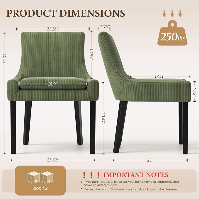 Modern Dining Chairs Set of 4, Upholstered Corduroy Dining Room Chairs with Wood Legs, Mid-Back Padded Kitchen Side Chairs for Dining Room, Green