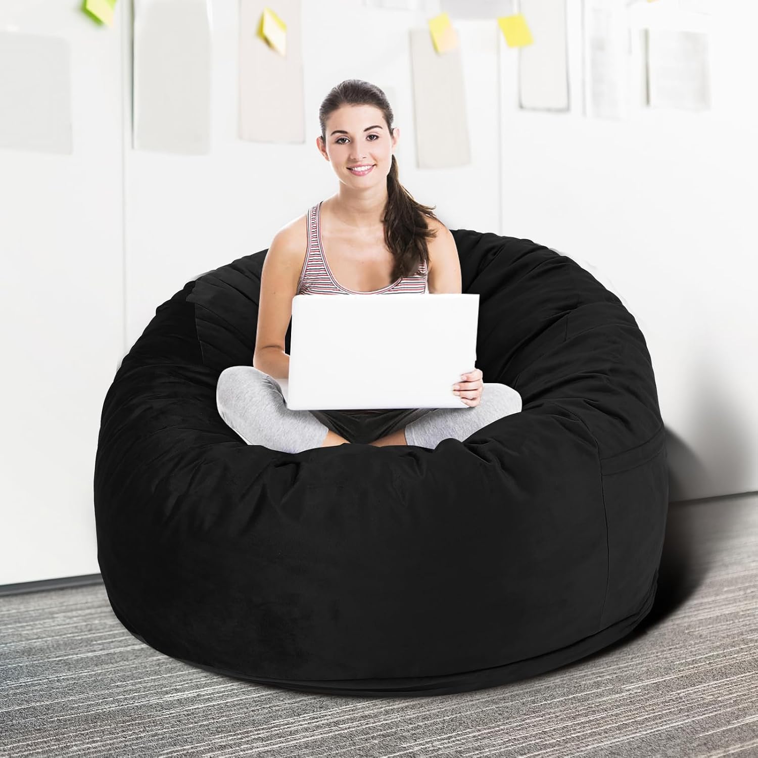 3 Feet Bean Bag Chair, Memory Foam Filled, Removable Cover, Bean Bag Chairs for Adults and Teens, Round Sofa Chair for Living Room, Bedroom and Gaming Room, Black
