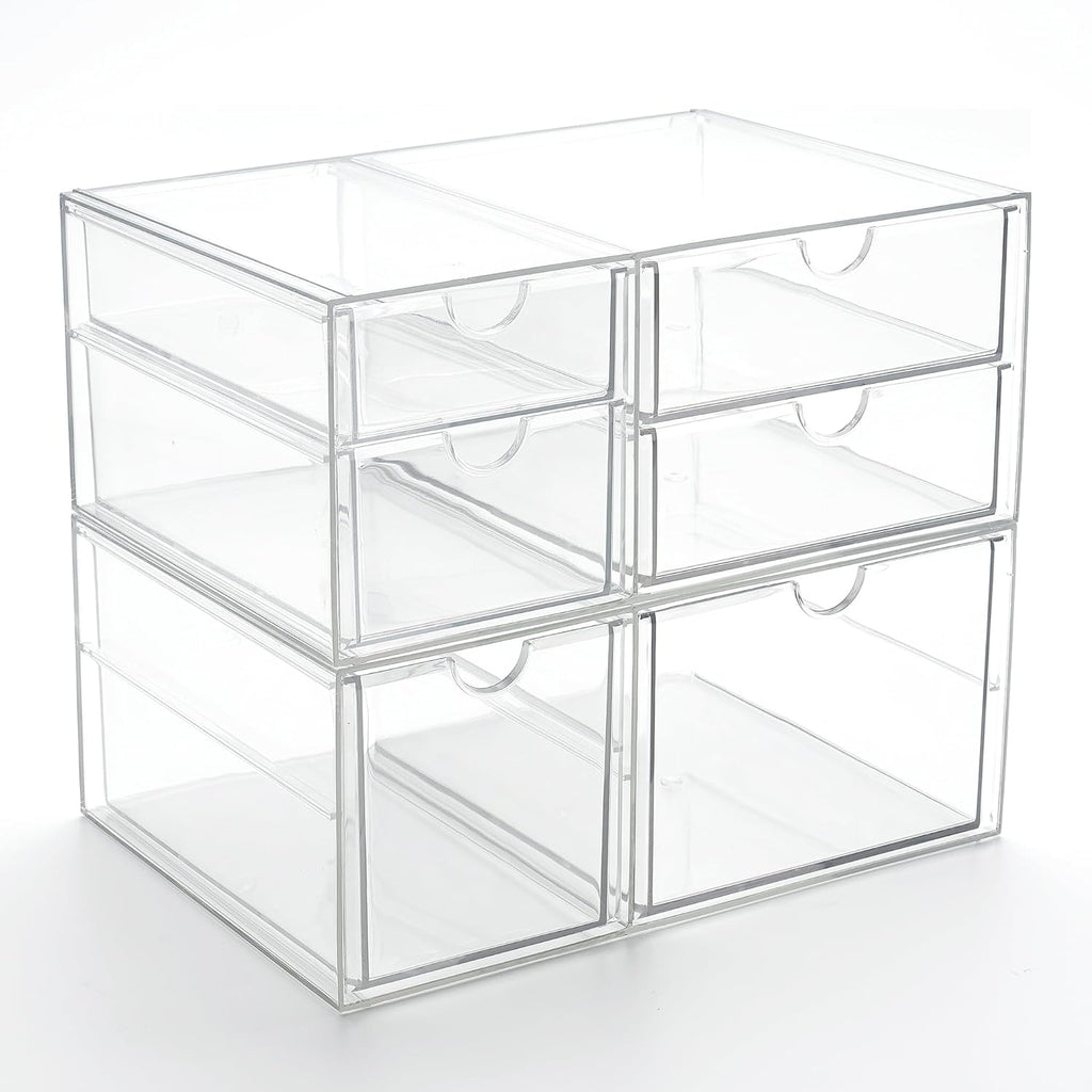 Prsildan Acrylic Drawer Makeup Organizer with 6 Drawers (Not for Baby Bottle), Set of 2 Office Desk Organizers Accessories, Clear Stackable Storage Drawers for Vanity, Craft (Largest Drawer 4" Tall)
