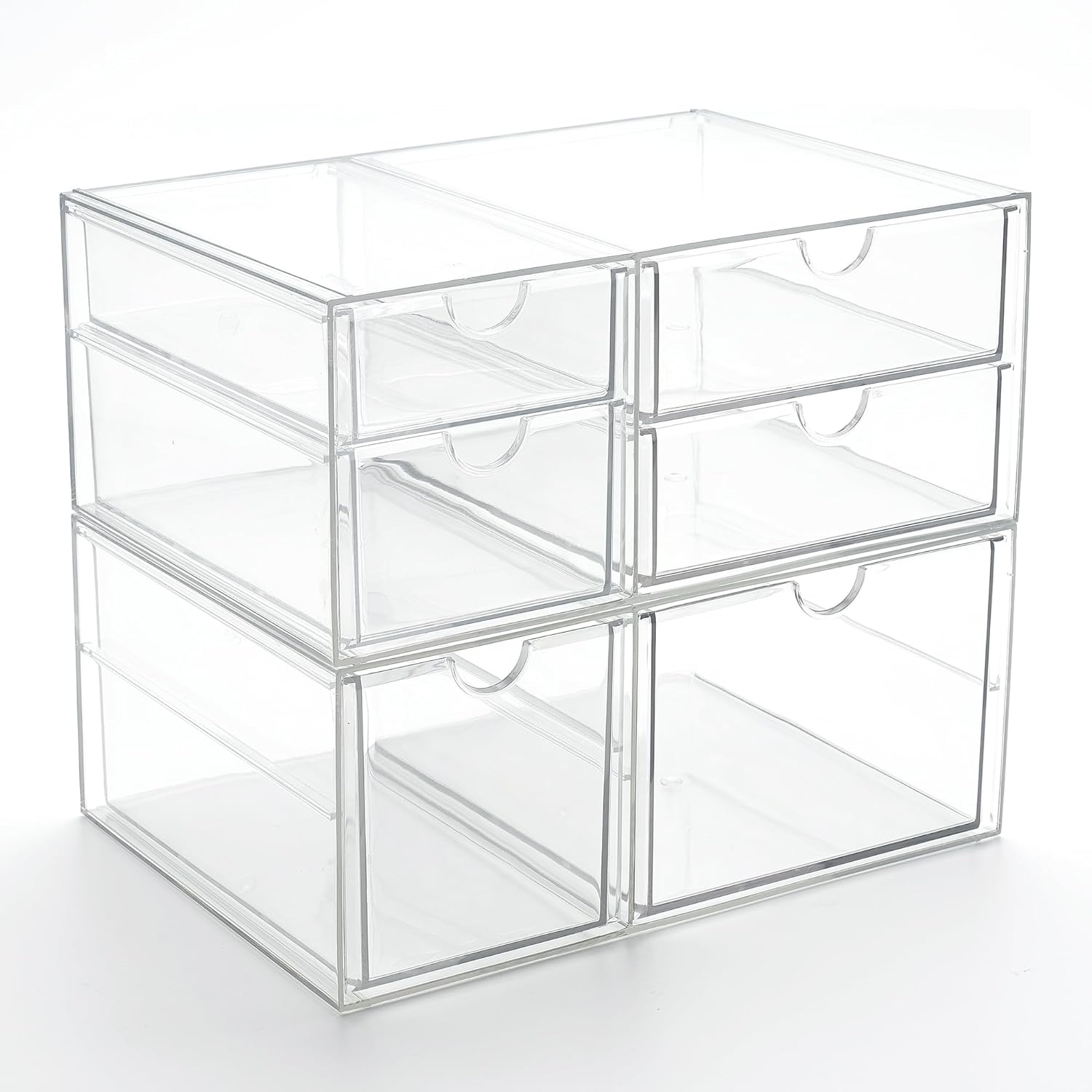 Prsildan Acrylic Drawer Makeup Organizer with 6 Drawers (Not for Baby Bottle), Set of 2 Office Desk Organizers Accessories, Clear Stackable Storage Drawers for Vanity, Craft (Largest Drawer 4" Tall)
