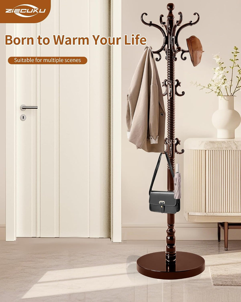 Coat Rack Freestanding,Solid Wood Vintage Hall Tree with 14 Hooks