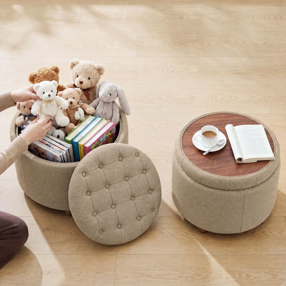 25" Round Ottoman with Storage, Small Coffee Table with Reversible Tray ...